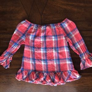 Coral/blue plaid off the shoulder top